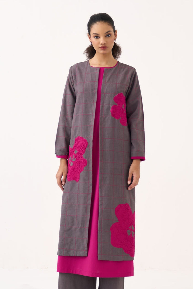 All Over Embroidery Overlay-Grey handwoven cotton jacket/overlay by THREE in grey for women Worldwide