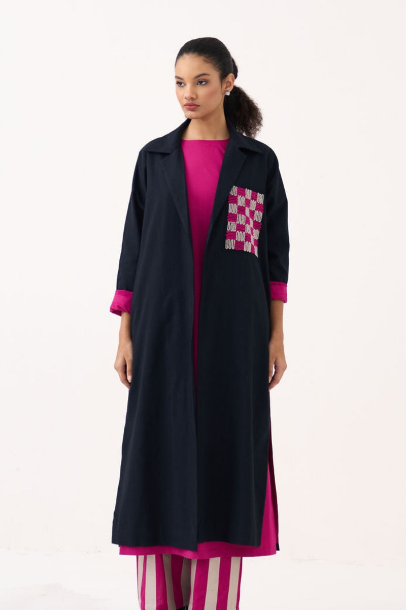 Check Patch Overlay-Black handwoven cotton jacket/overlay by THREE in black for women Worldwide