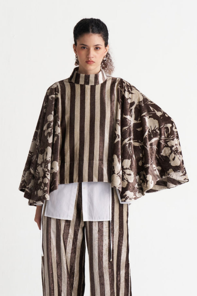 Velvet Poncho (Including Shirt)-Umber Floral + Umber Stripe velvet jacket/overlay by THREE in brown for women Worldwide