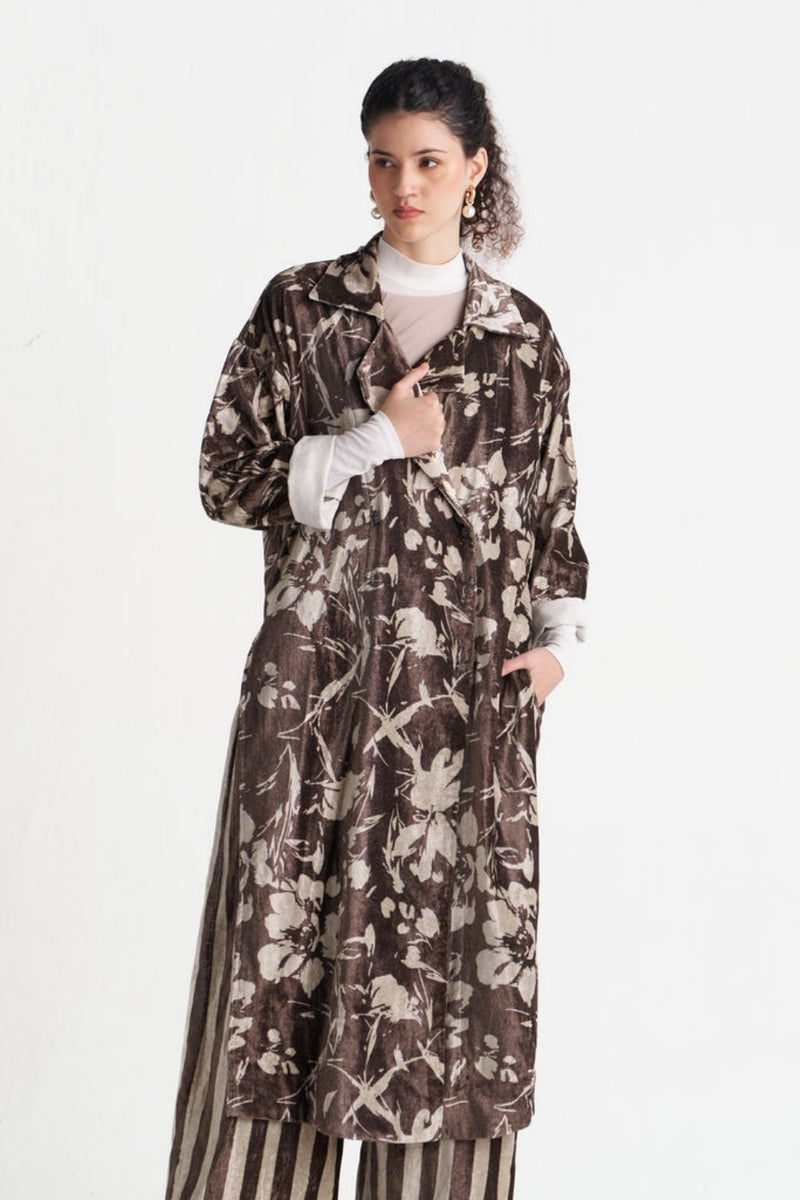 Velvet Floral Overlap Kaftan-Umber Floral velvet jacket/overlay by THREE in brown for women Worldwide