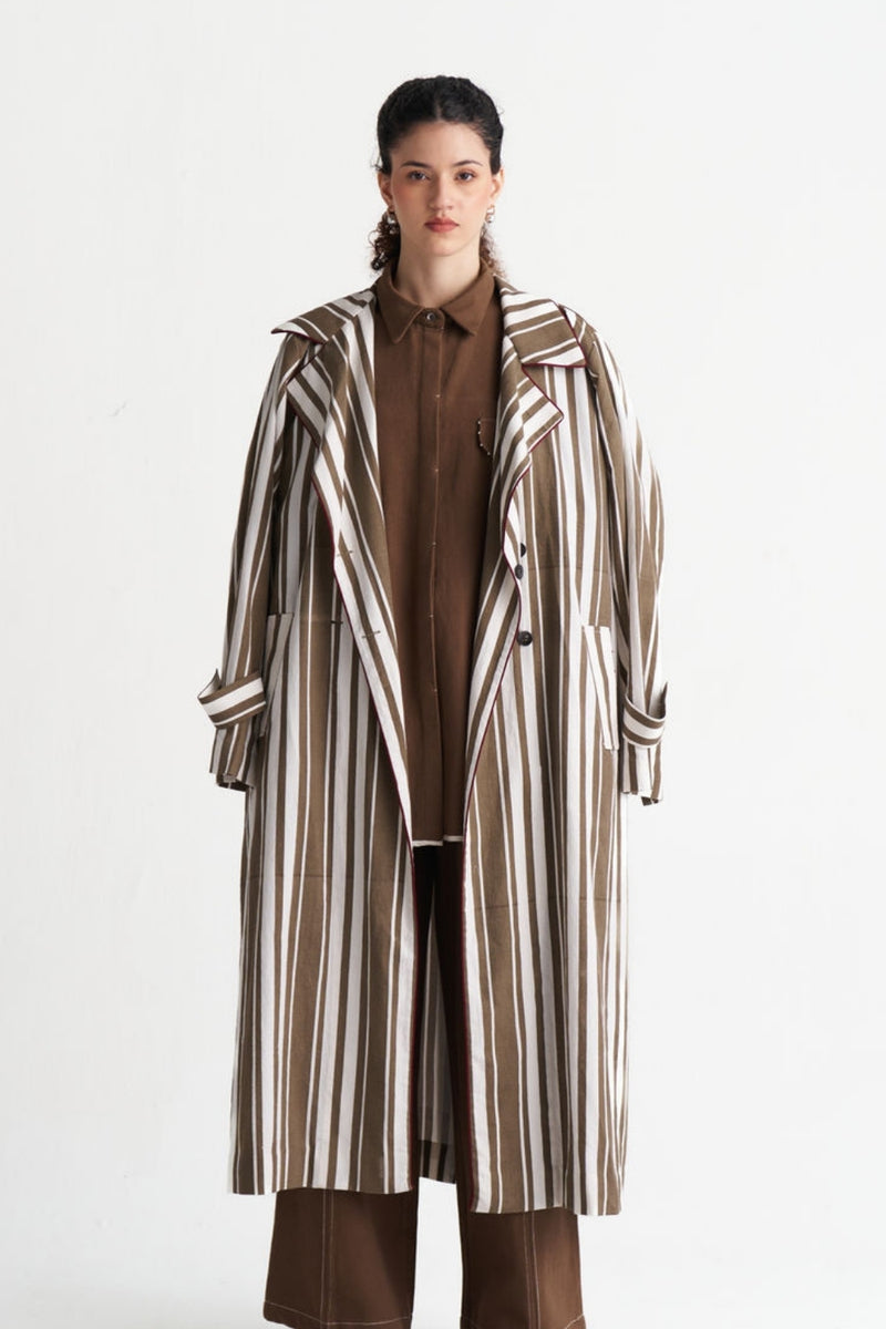 Striped Trench-Umber Stripe textured cotton jacket/overlay by THREE in brown for women Worldwide