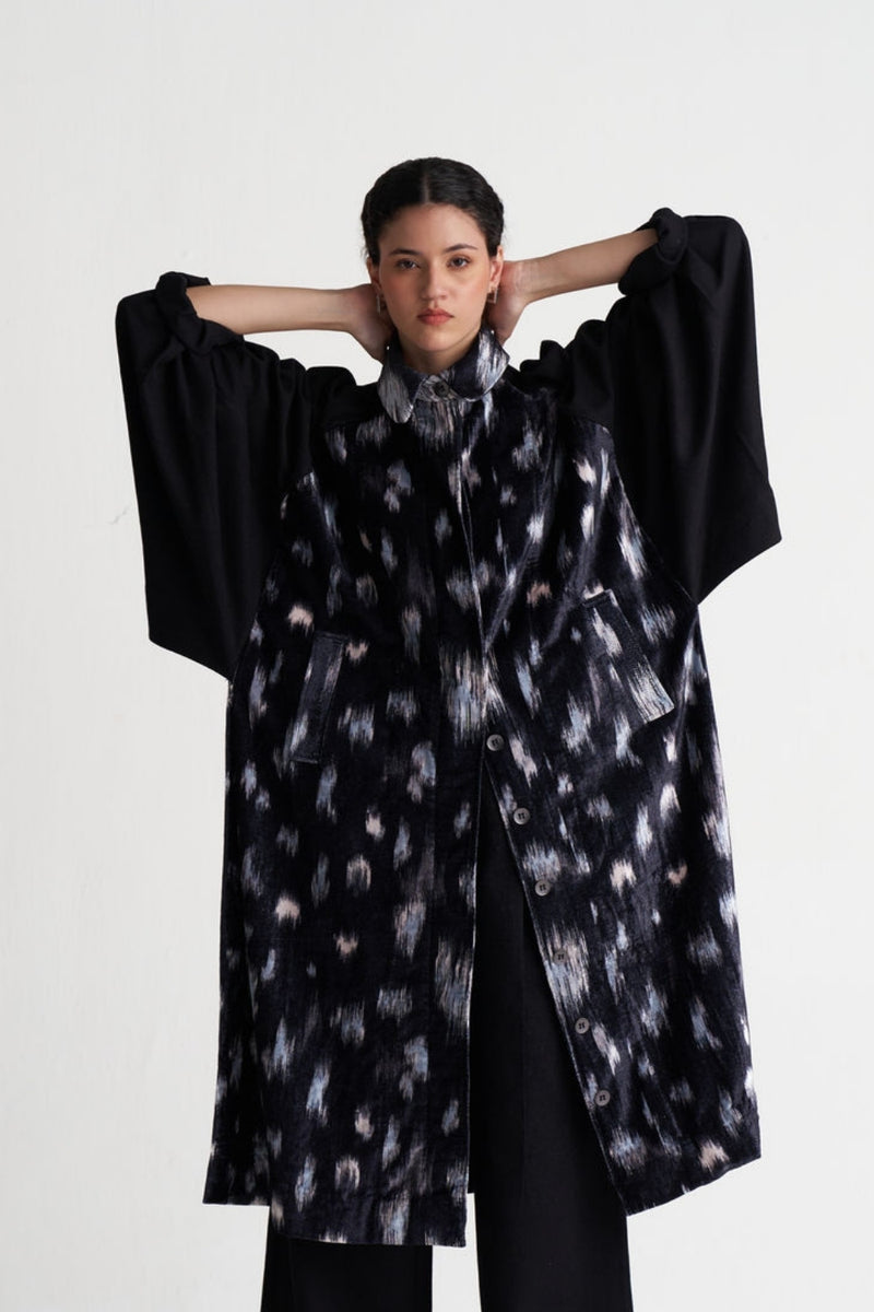 Ikat Print Bat Sleeve Jacket-Black Ikat Print velvet jacket/overlay by THREE in black for women Worldwide