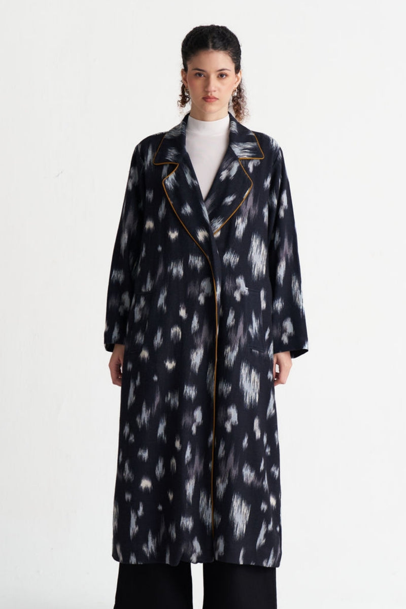 Ikat Print Woollen Trench-Black Ikat Print wool jacket/overlay by THREE in black for women Worldwide