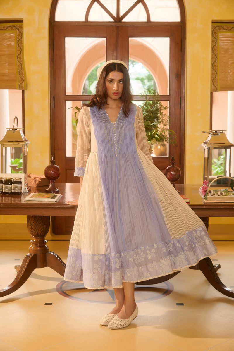 EDNA DRESS-BLUE & IVORY chanderi by SWATTI KAPOOR in multi color for women Worldwide
