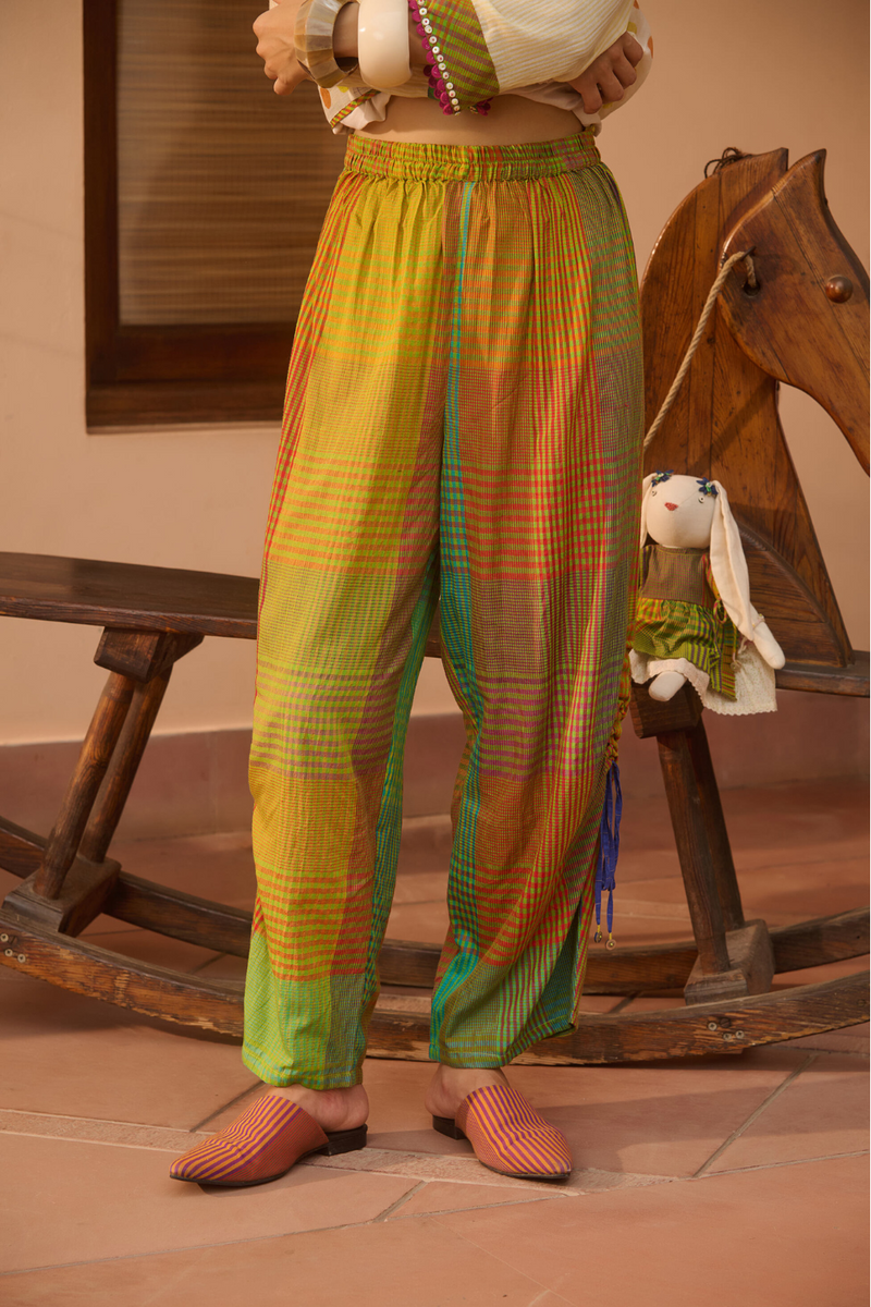 TEX PANT-MULTICOLOR GREEN CHECK silk by SWATTI KAPOOR in multi color for women Worldwide