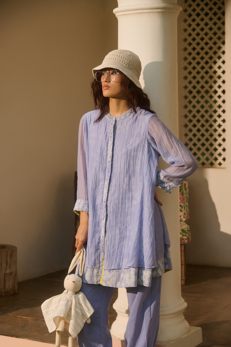 MOLLY DRESS-BLUE chanderi by SWATTI KAPOOR in blue color for women Worldwide