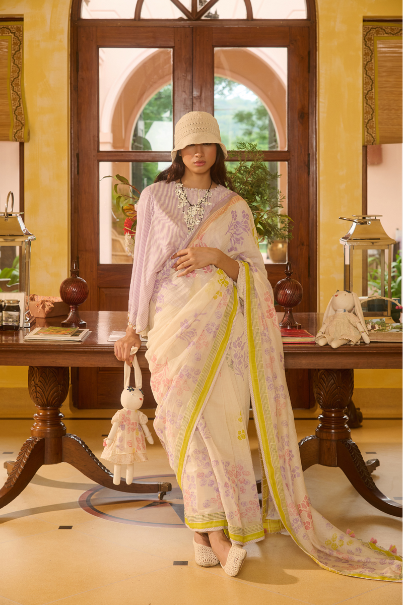 HAILEE SARI-IVORY chanderi by SWATTI KAPOOR in ivory color for women Worldwide