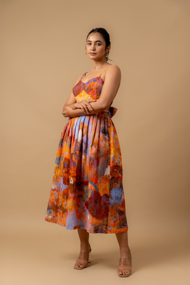 Mary printed dress-Rust organic cotton gauge by Doodlage in multi color for women Worldwide