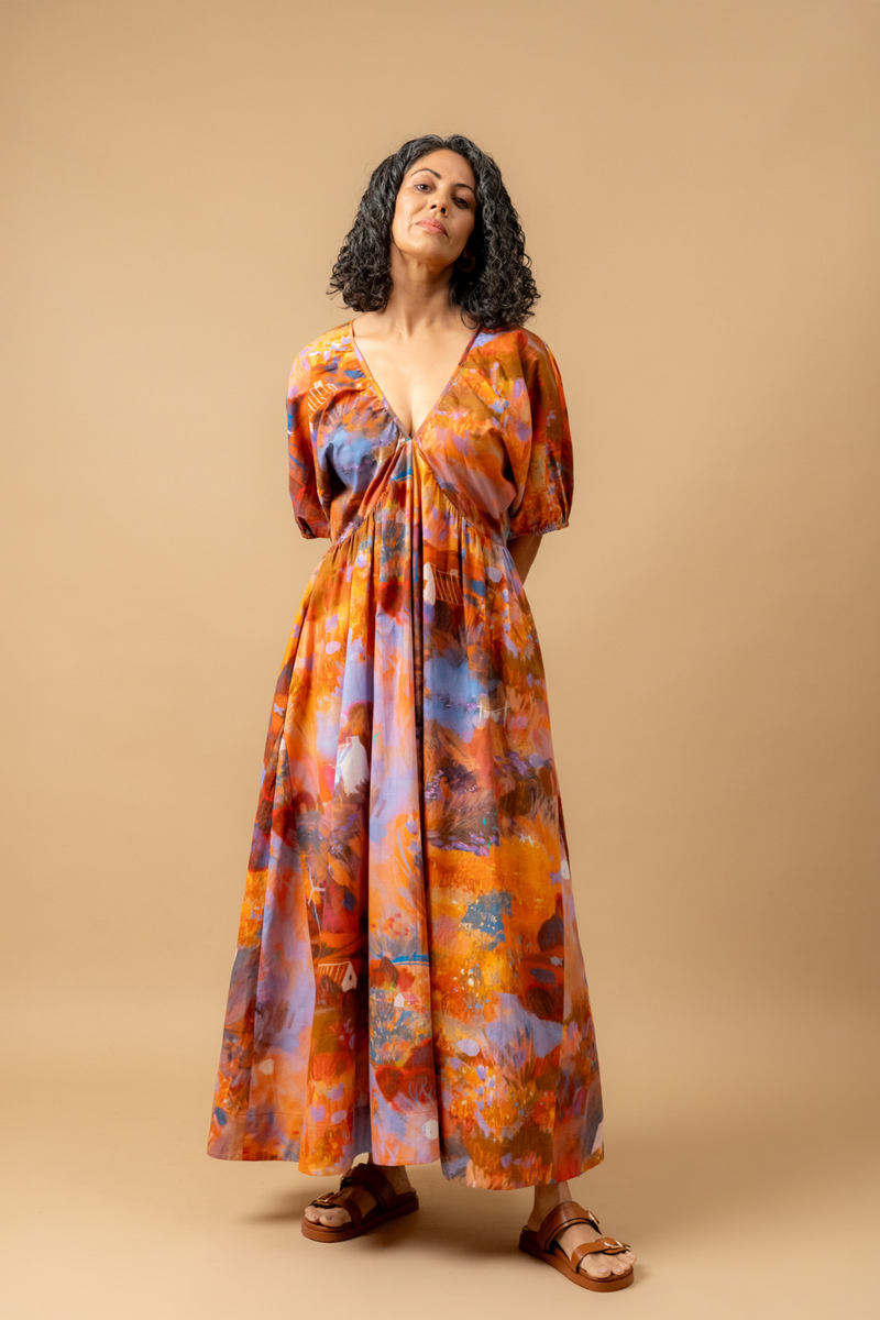 Dewbell printed dress organic cotton gauge by Doodlage in multi color for women Worldwide