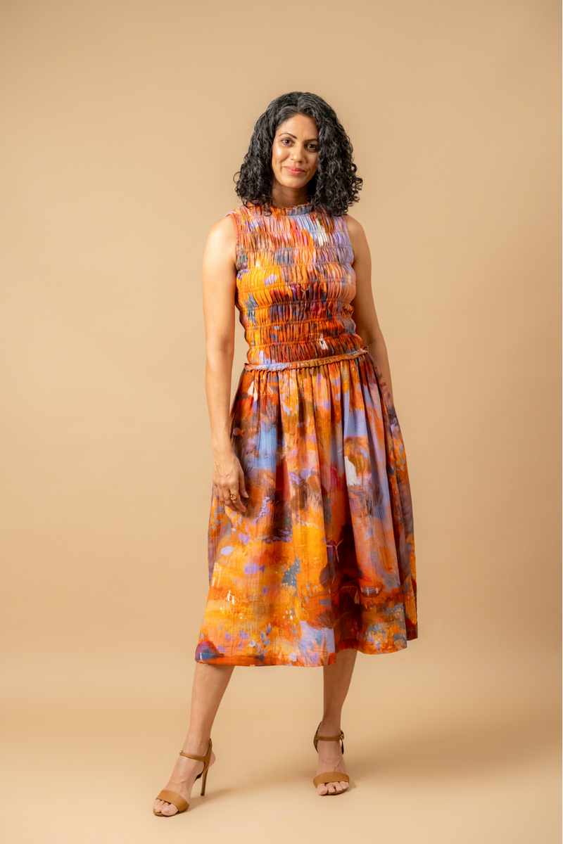 Midsummer smocked dress organic cotton gauge by Doodlage in multi color for women Worldwide