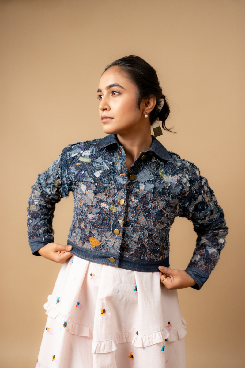 June denim textured jacket by Doodlage in navy color for women Worldwide