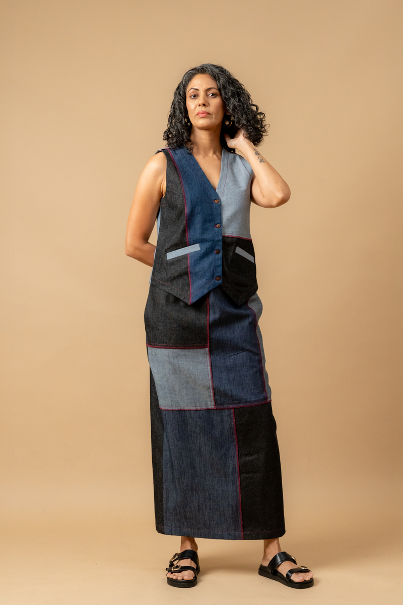 Abby denim patch skirt by Doodlage in navy color for women Worldwide