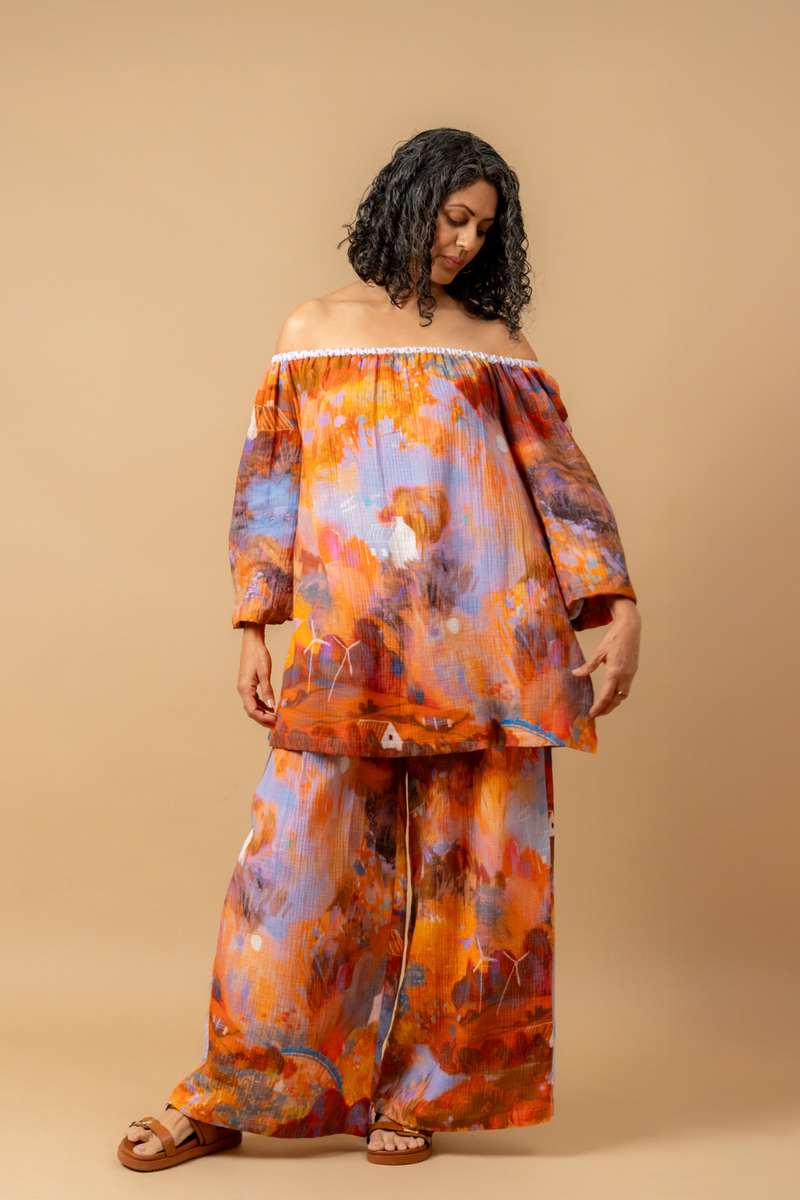 Firefly flicker printed pants organic cotton gauge by Doodlage in multi color for women Worldwide