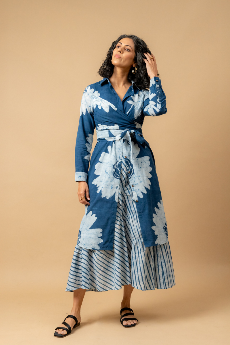 Thea batik flower dress by Doodlage in blue color for women Worldwide