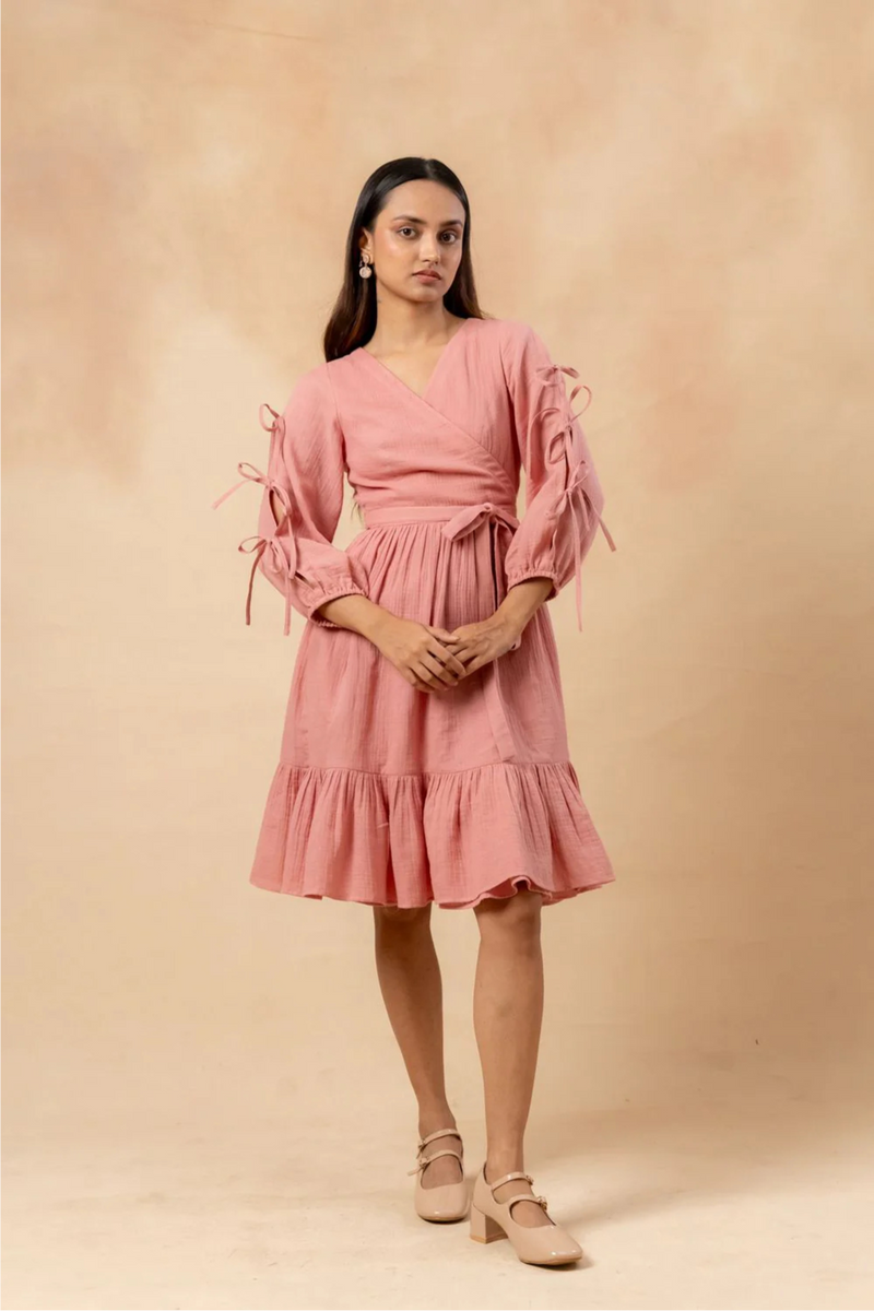 Petal Belted Dress organic cotton gauge by Doodlage in pink color for women Worldwide