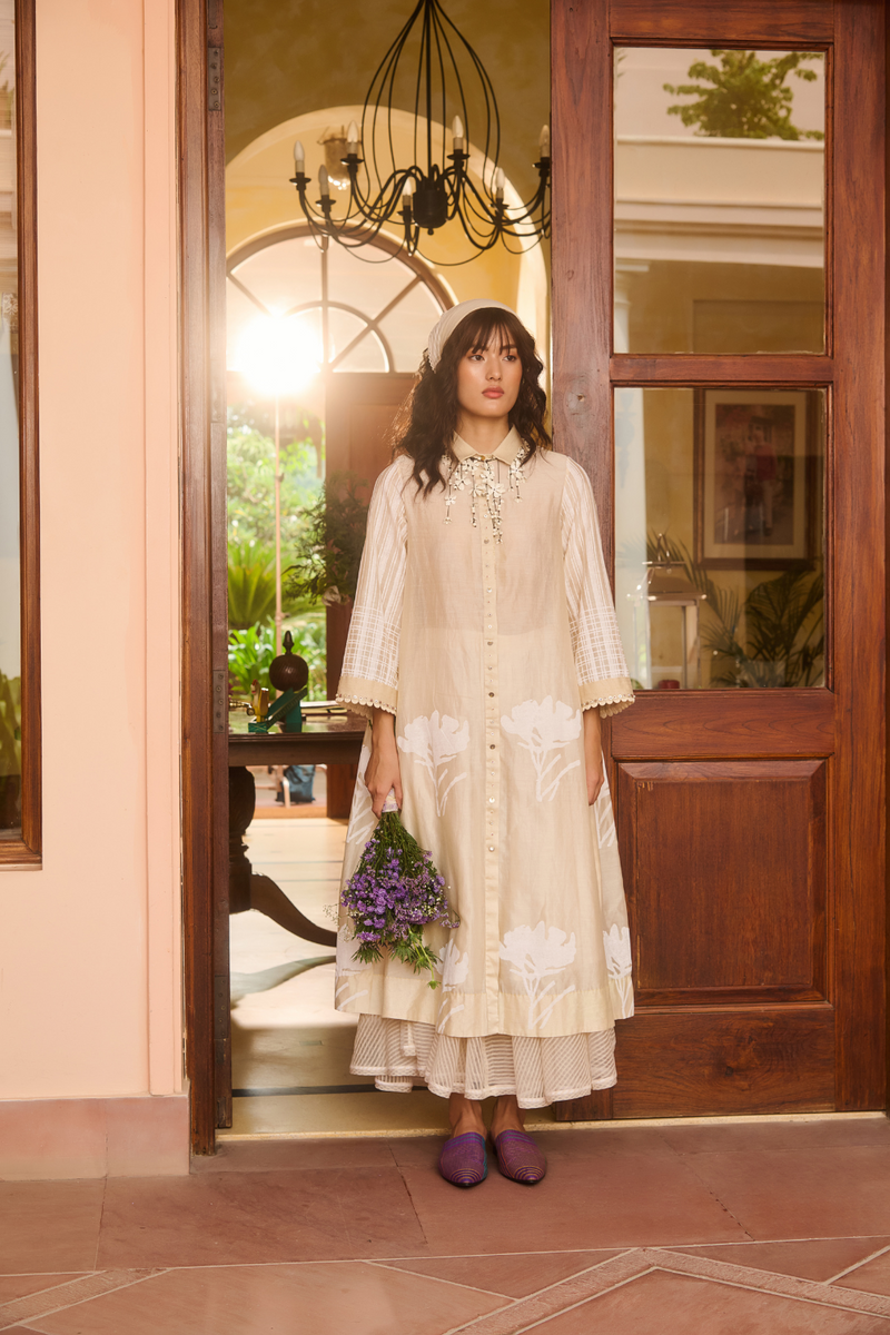 TABBY DRESS-IVORY chanderi by SWATTI KAPOOR in ivory color for women Worldwide