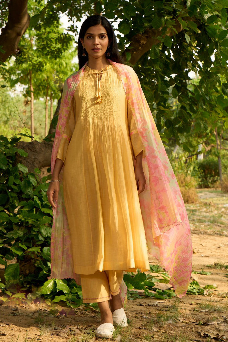 Baya Kurta Set-Yellow silk by Priti Prashant in yellow color for women Worldwide