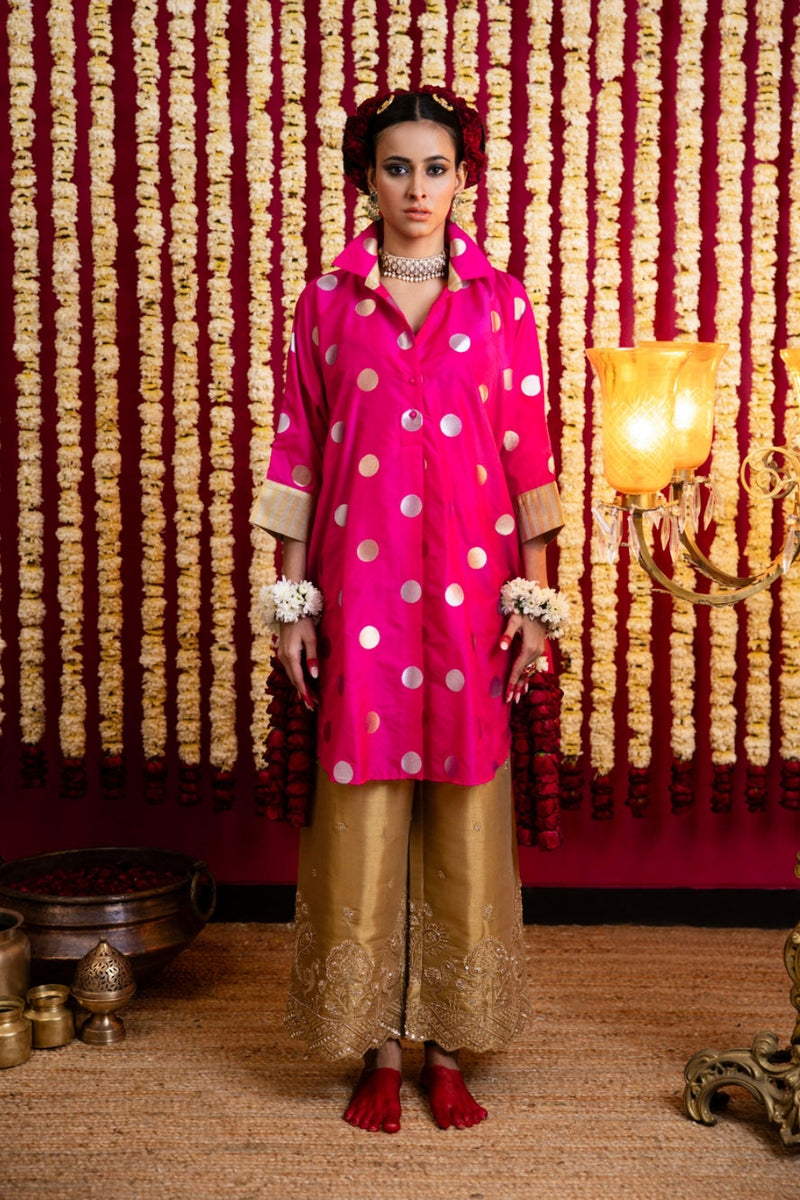 Polka Dots Tunic & Tissue Pant Set-Pink tissue kurta/kurta set by Sabo by Sabina in pink for women Worldwide
