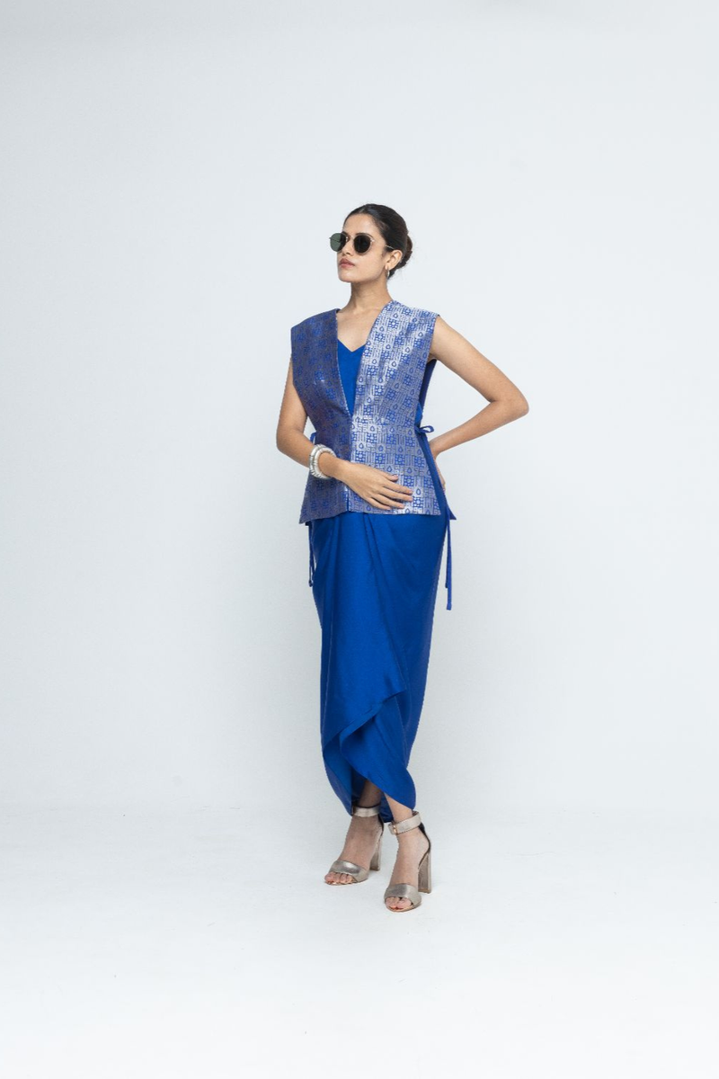 Alia - Brocade Gilet paired with Assymetrical Dress - Blue satin by SOBARIKO in blue color for women Worldwide