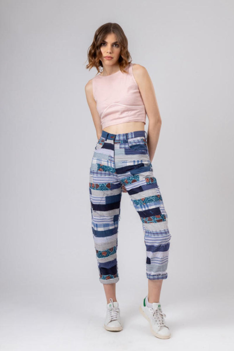 JUNE PATCH WORK PANTS by Doodlage in blue color for women Worldwide