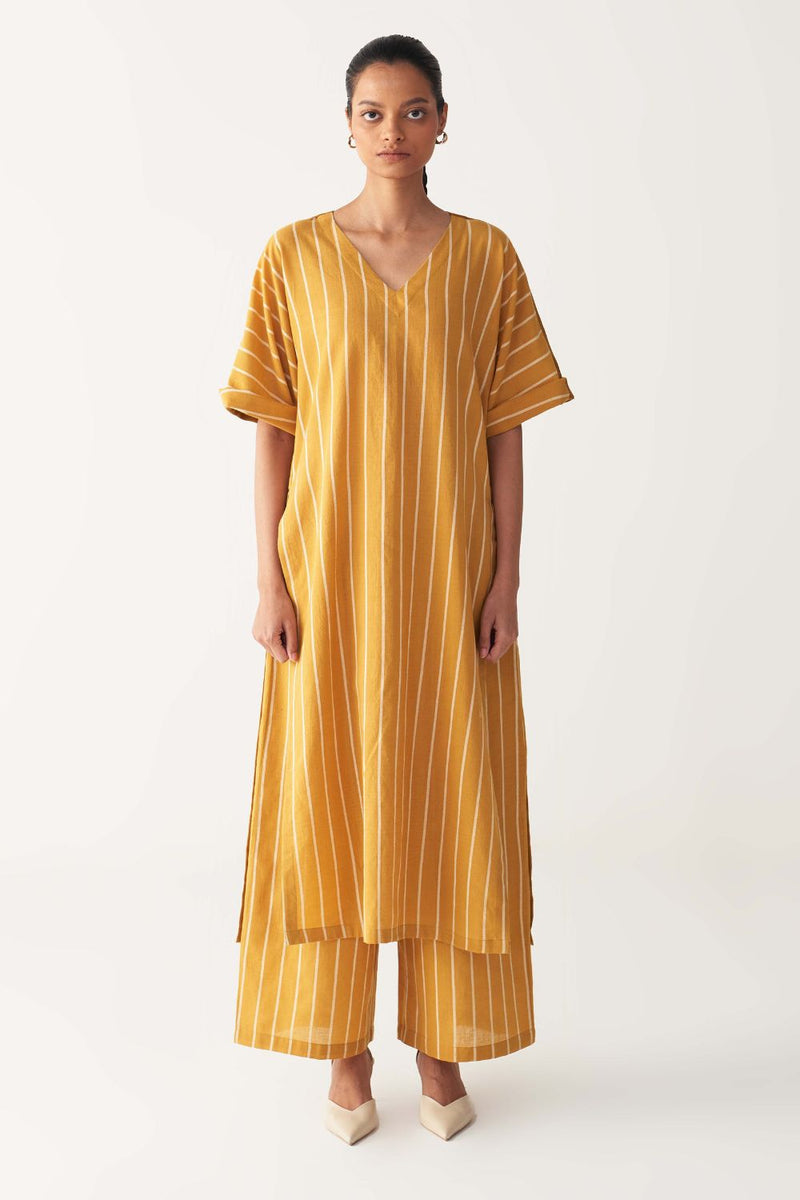 V-NECK KAFTAN CO-ORD-MUSTARD STRIPES cotton by THREE in mustard color for women Worldwide