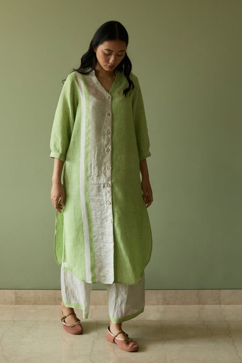 Mori Border Linen Shirt Kurta-Meadow linen by Manan in green color for women Worldwide