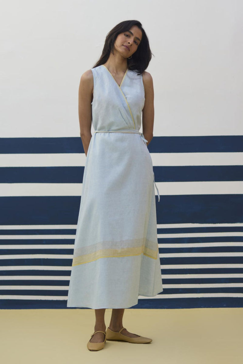 Ava Border Linen Wrap Dress
 - Sky by Manan in blue color for women Worldwide