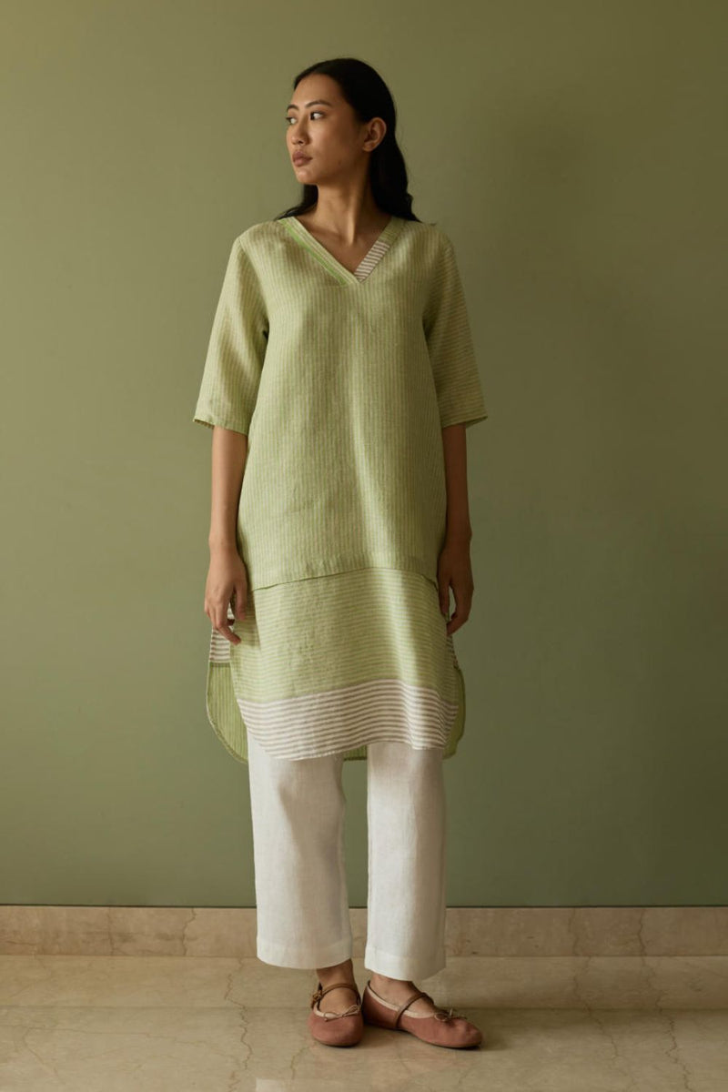Jira Pleated Stripe Linen Kurta-Meadow linen by Manan in green color for women Worldwide