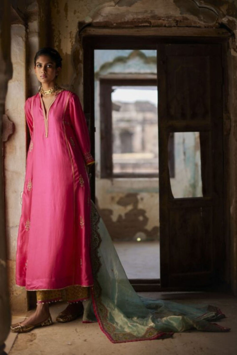 Nadira Hot Pink Silk Butti Back Yoke Kurta Set silk by Rajiramniq in pink color for women Worldwide