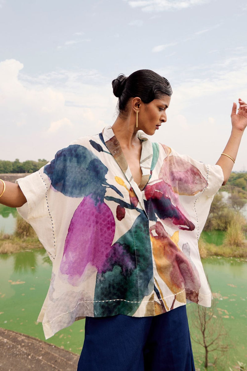 Blue jay top cotton by Khara Kapas in multi for women Worldwide