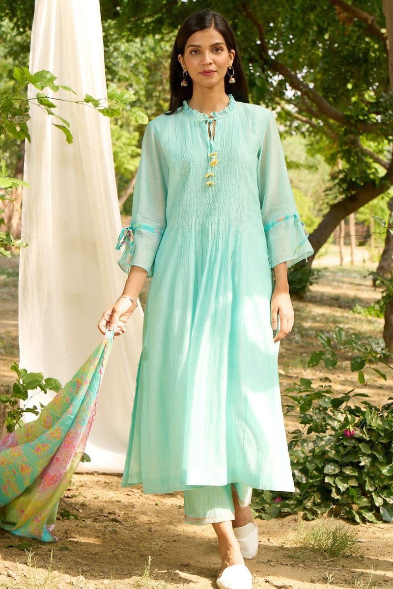 Baya Kurta Set-Turquoise silk by Priti Prashant for women Worldwide