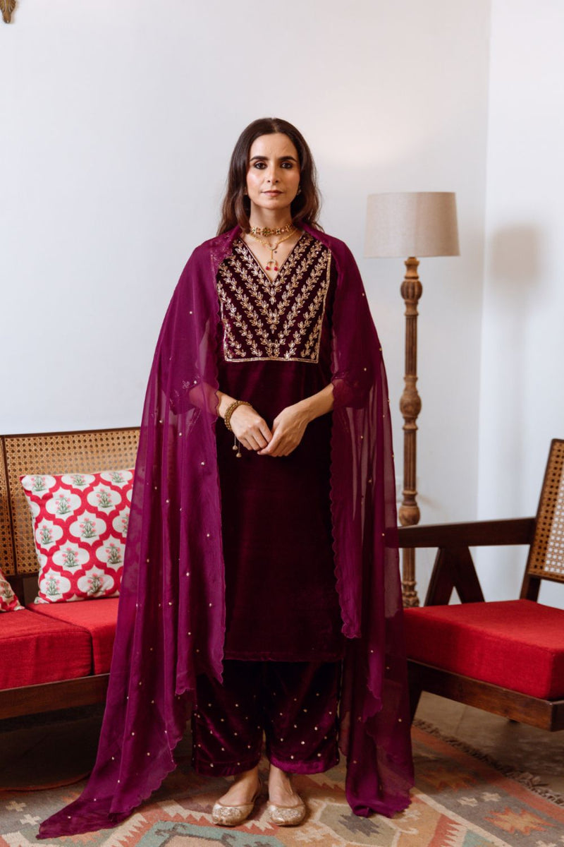 Roya - Velvet Embroidered Suit Set by Maison Shefali in purple color for women Worldwide