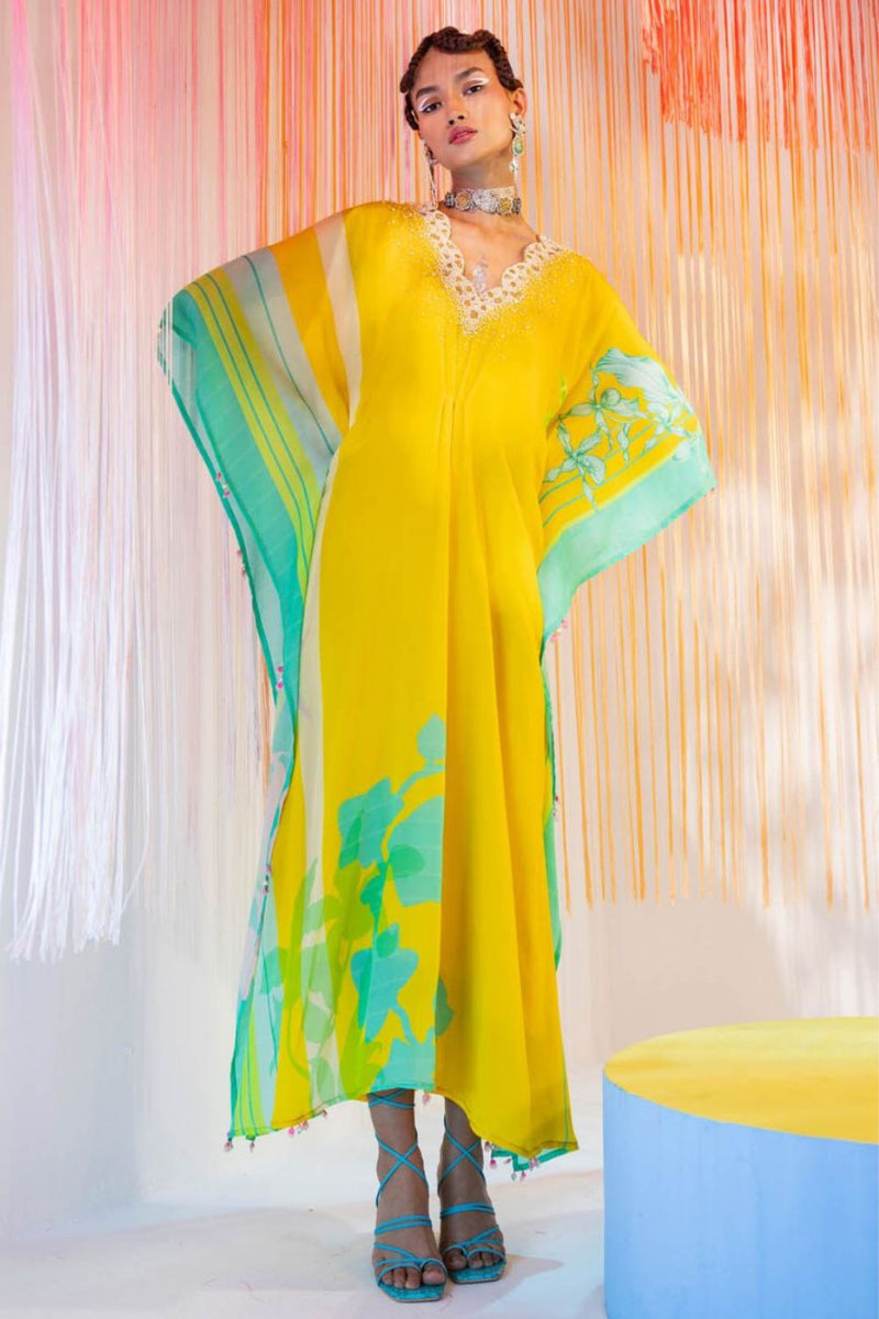 YELLOW PEARL KAFTAN Indo-Western Wear by Rajiramniq for women Worldwide