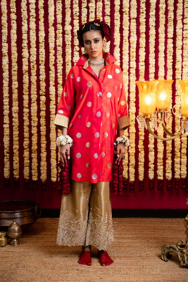Polka Dots Tunic & Tissue Pant Set-Orange tissue kurta/kurta set by Sabo by Sabina in orange for women Worldwide