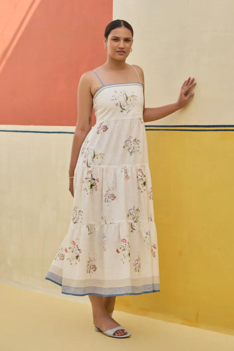 Hena Watercolour Floral Tiered Dress - Ivory by Manan in ivory color for women Worldwide