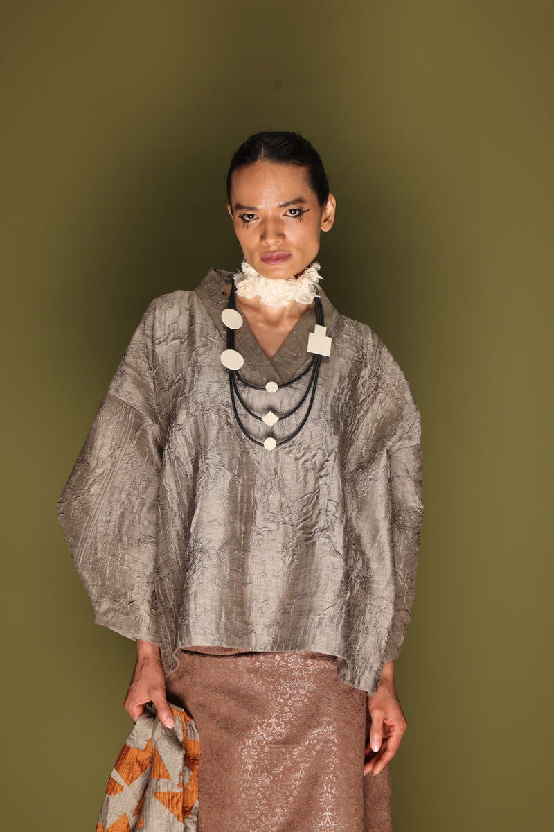 Ripple Top-Grey mysore silk tops and shirts by Stoique in grey for women Worldwide