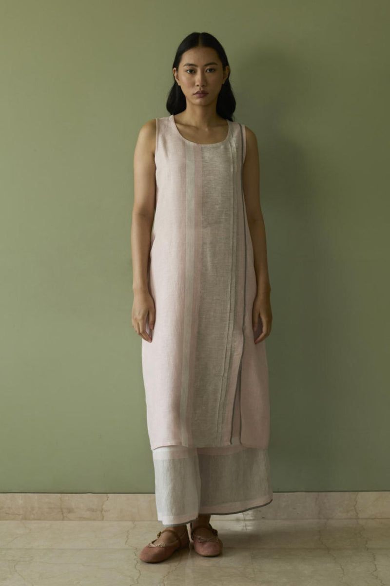 Yara Sleeveless Border Linen Kurta-Blush linen by Manan in blush color for women Worldwide