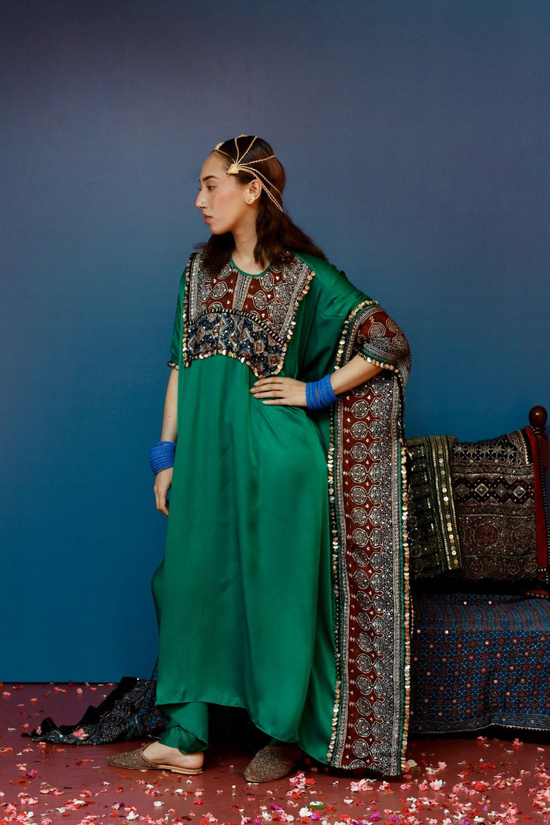 Saron Green Kaftan Set satin by PRAHNAAYA in green color for women Worldwide