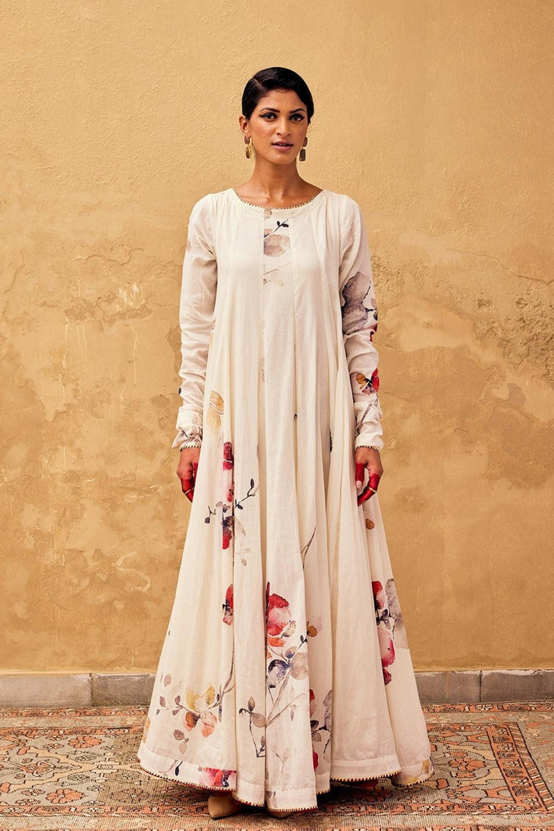 Gulbahar Anarkali Gown cotton dress by Khara Kapas in off white for women Worldwide