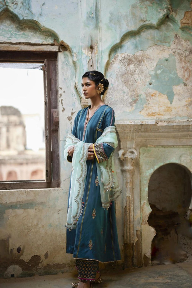 Nadira Teal Silk Butti Back Yoke Kurta Set silk by Rajiramniq in teal color for women Worldwide