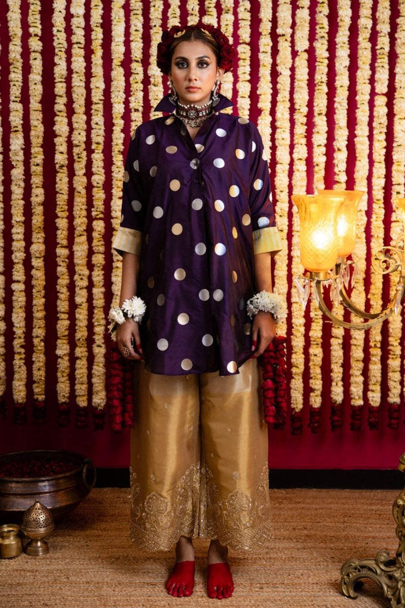 Polka Dots / Tissue Tunic & Pant Set-Aubergine tissue kurta/kurta set by Sabo by Sabina in aubergine for women Worldwide