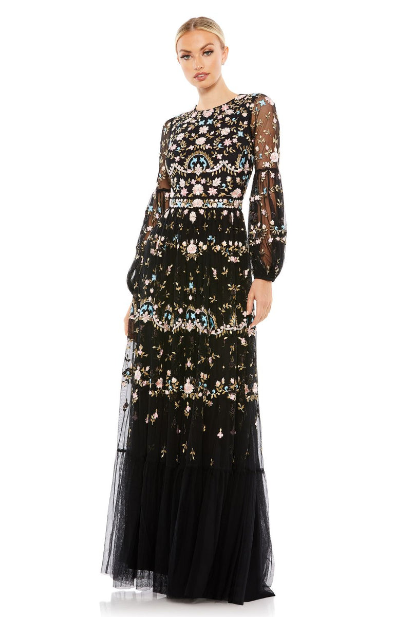 MD-35111 Embroidered Long Dress-Black by Mac Duggal in black color for women Worldwide