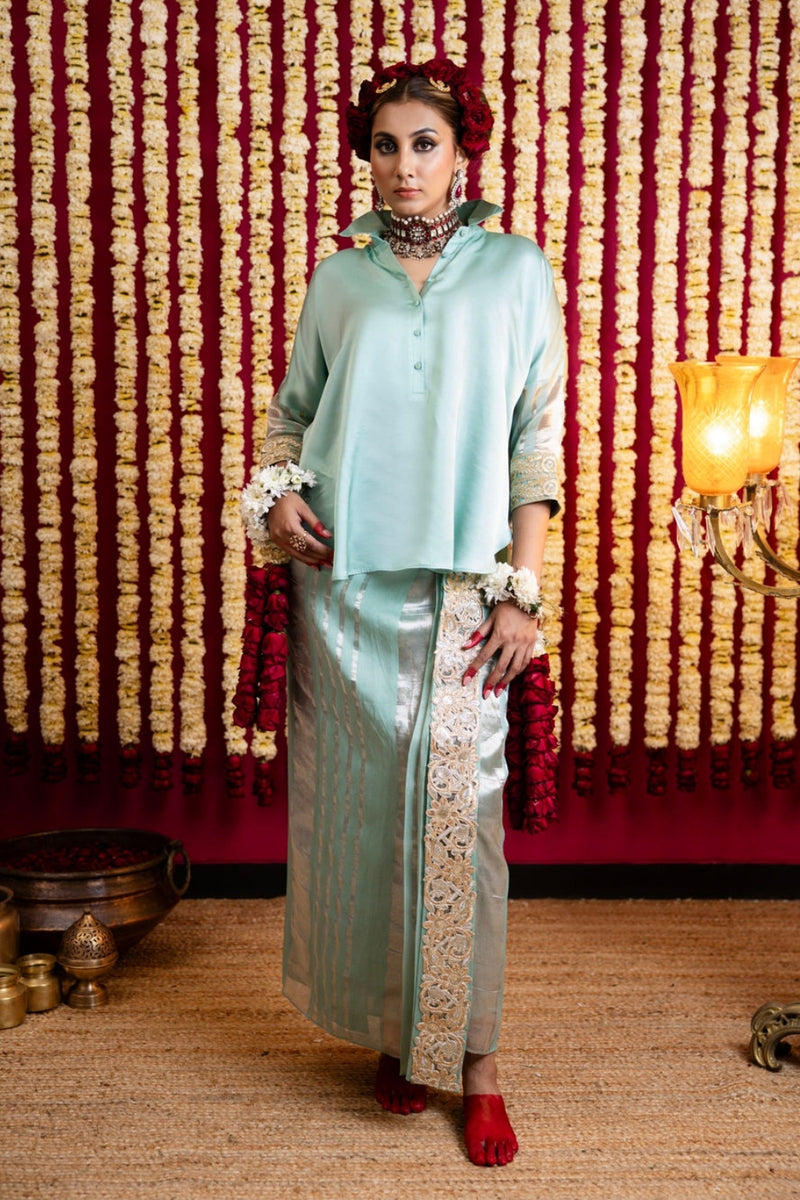 Chanderi Silk Lungi Skirt & Shirt Set-Sea Foam Green chanderi silk indo-western by Sabo by Sabina in green for women Worldwide