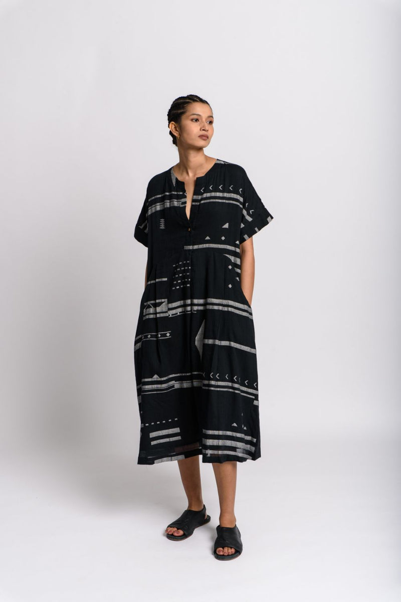 Black striped jamdani shift dress - Black Dress by World of Crow in black color for women Worldwide