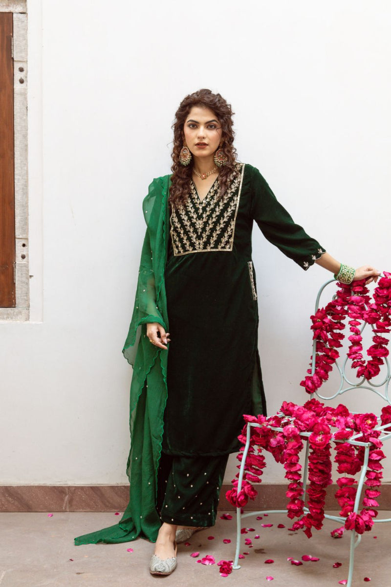 Roya Panna - Velvet Embroidered Suit Set by Maison Shefali in green color for women Worldwide