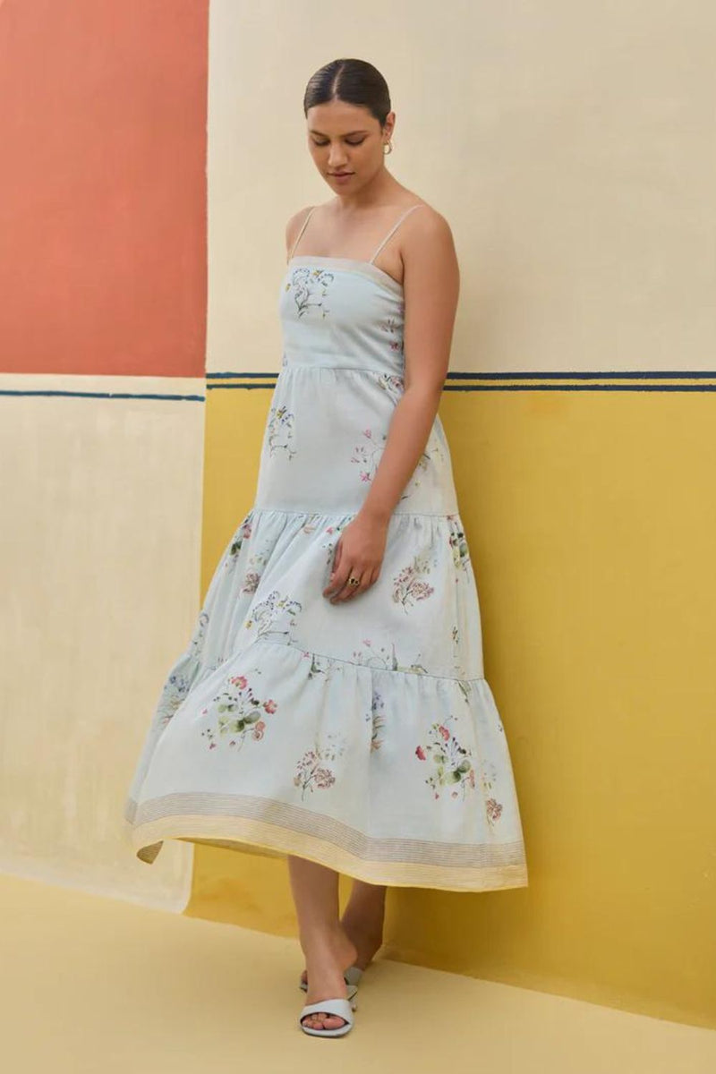 Hena Watercolour Floral Tiered Dress - Sky by Manan in blue color for women Worldwide