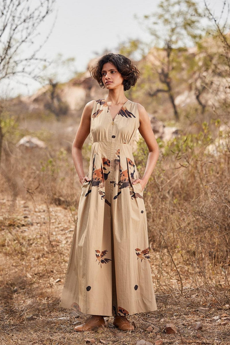 Mithi Jumpsuit cotton jumpsuit by Khara Kapas in beige for women Worldwide