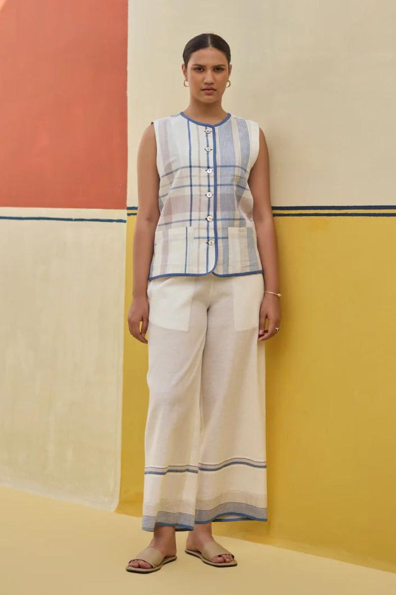 Dana Check Linen Co-ord Set 
 -Ivory by Manan in ivory color for women Worldwide