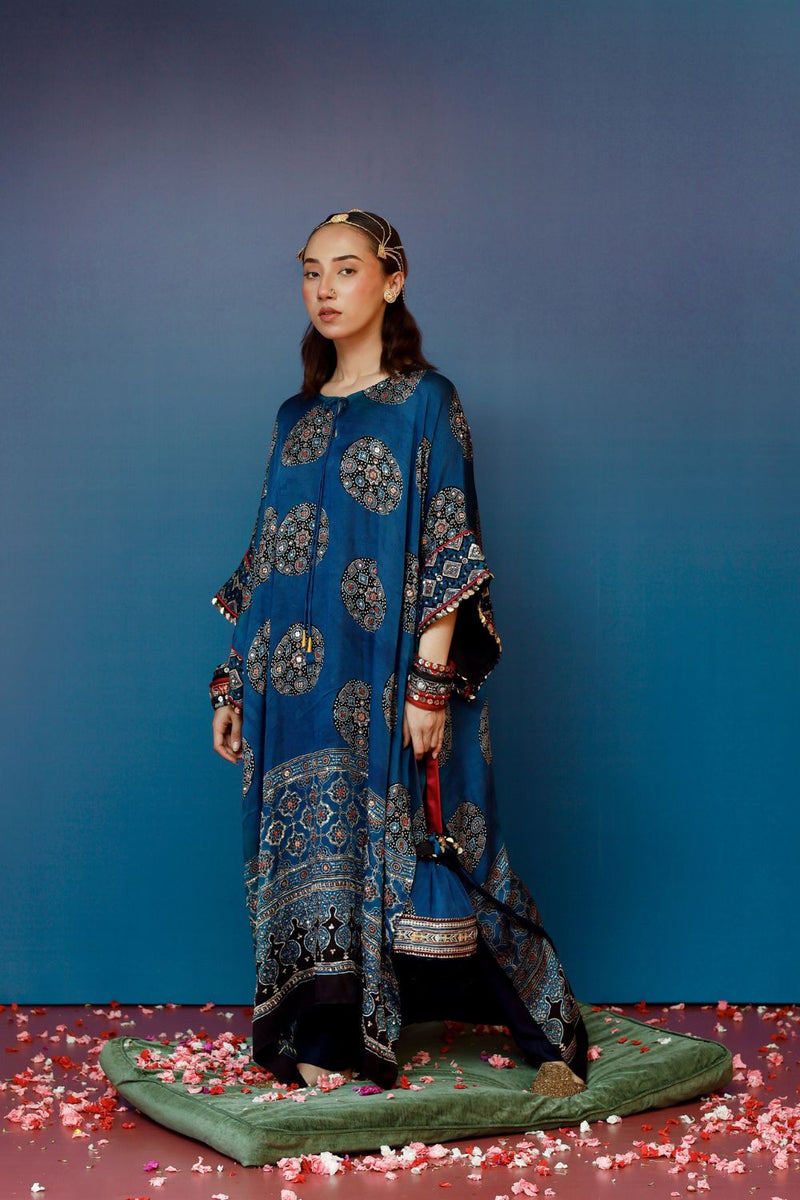 Veere Ajrakh Blue Kaftan Set satin by PRAHNAAYA in blue color for women Worldwide