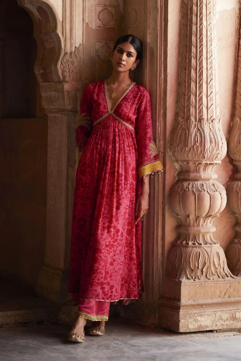 Nadira Hot Pink Tree Bell Sleeve Kurta Set by Rajiramniq for women Worldwide